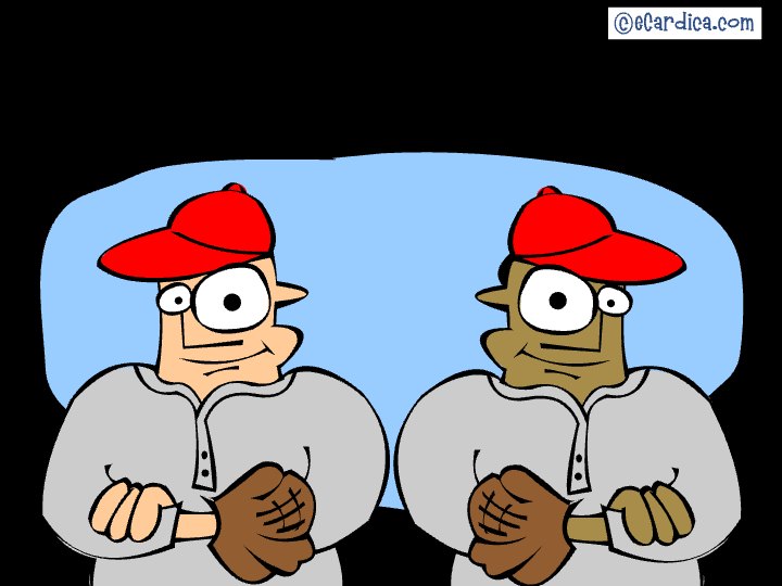 Two Cartoon Baseball Players eCard - free Just Because greeting card