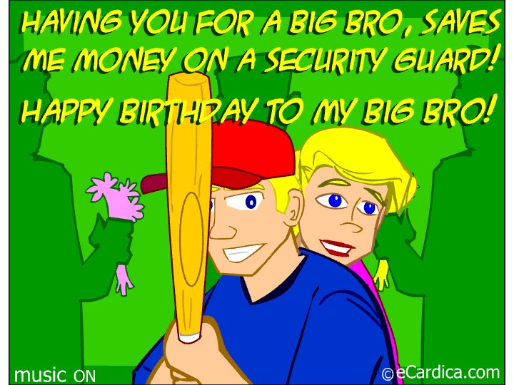 Big Bro Beats A Security Guard eCard - free Brother Birthday greeting card
