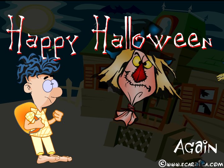 Spooky Haunted House Scarecrow eCard - free Halloween greeting card