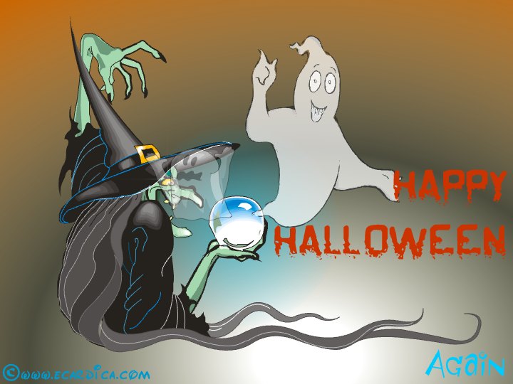 Happy Halloween Witch And Ghost eCard - free Halloween greeting card