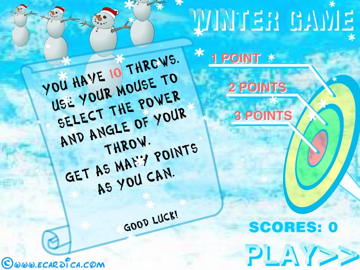 Winter Snowman Snowball Game eCard - free Classic Games greeting card